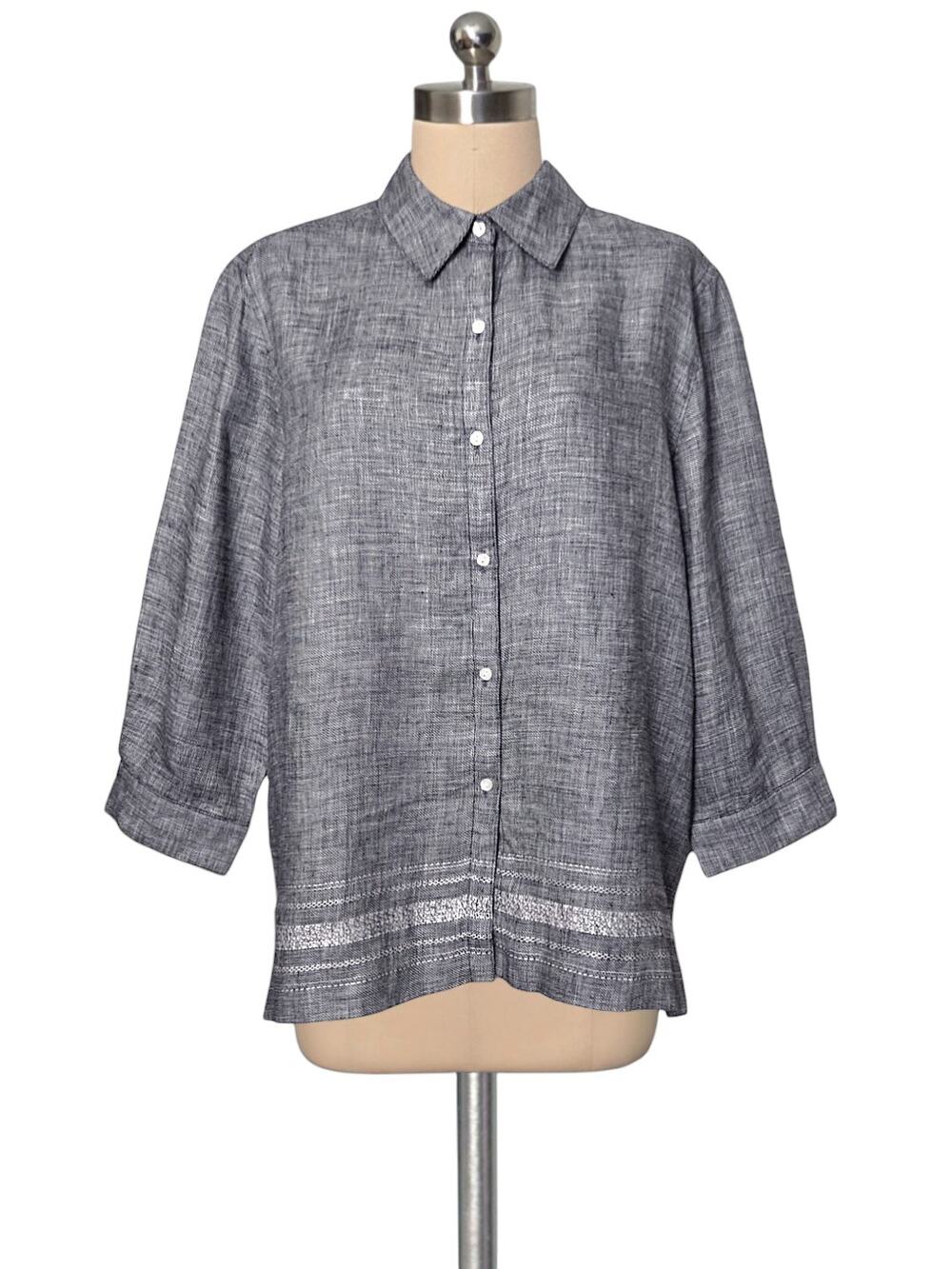 Norton McNaughton Black White Button Front 100% Linen Blouse Top L